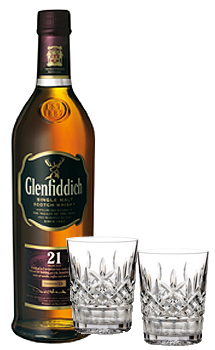GLENFIDDICH 21 YEAR OLD SINGLE MALT WITH MARQUIS BY WATERFORD GLASSES                                                           