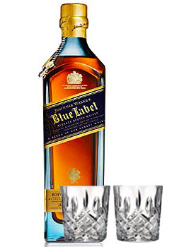 JOHNNIE WALKER SCOTCH BLUE LABEL - 750ML WITH 2 MARQUIS BY WATERFORD GLASSES                                                    