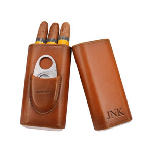Engravable 3-Finger Brown Leather Cigar Case