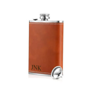 Engravable Brown Leather Whiskey Flask Stainless Steel, 8oz